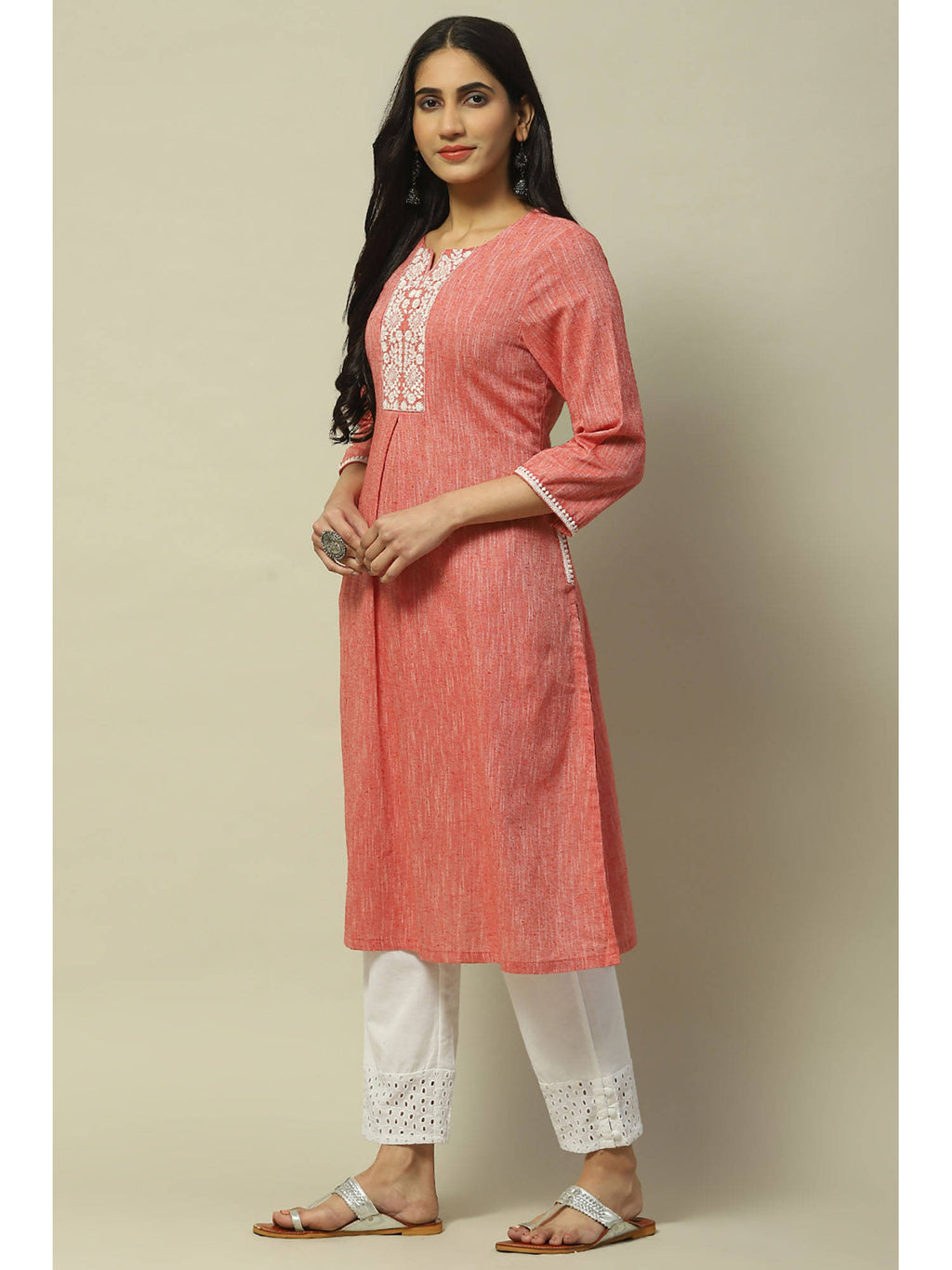 Peach Poly Cotton Straight Kurta | U3S - view 3