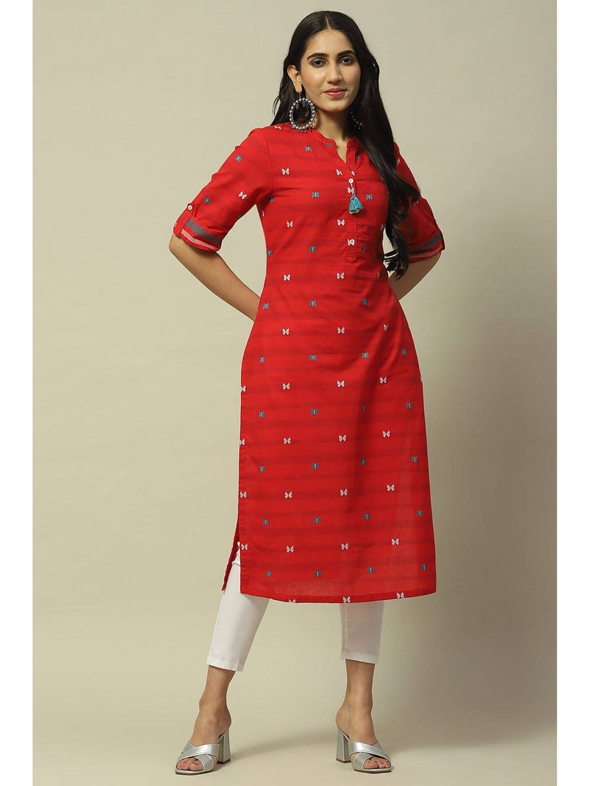 Red Cotton Straight Kurta | FY93 - view 1