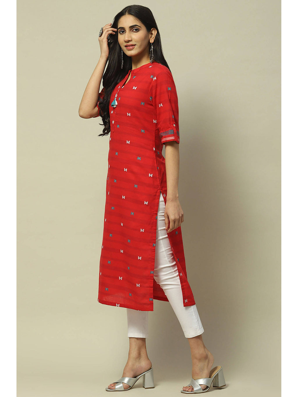 Red Cotton Straight Kurta | FY93 - view 3