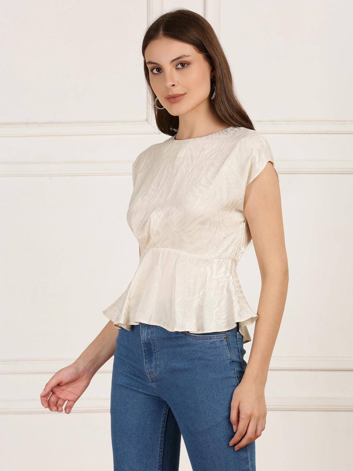 White Round Neck Extended Sleeves Self Design Animal Print Peplum Top | pt51 - view 2