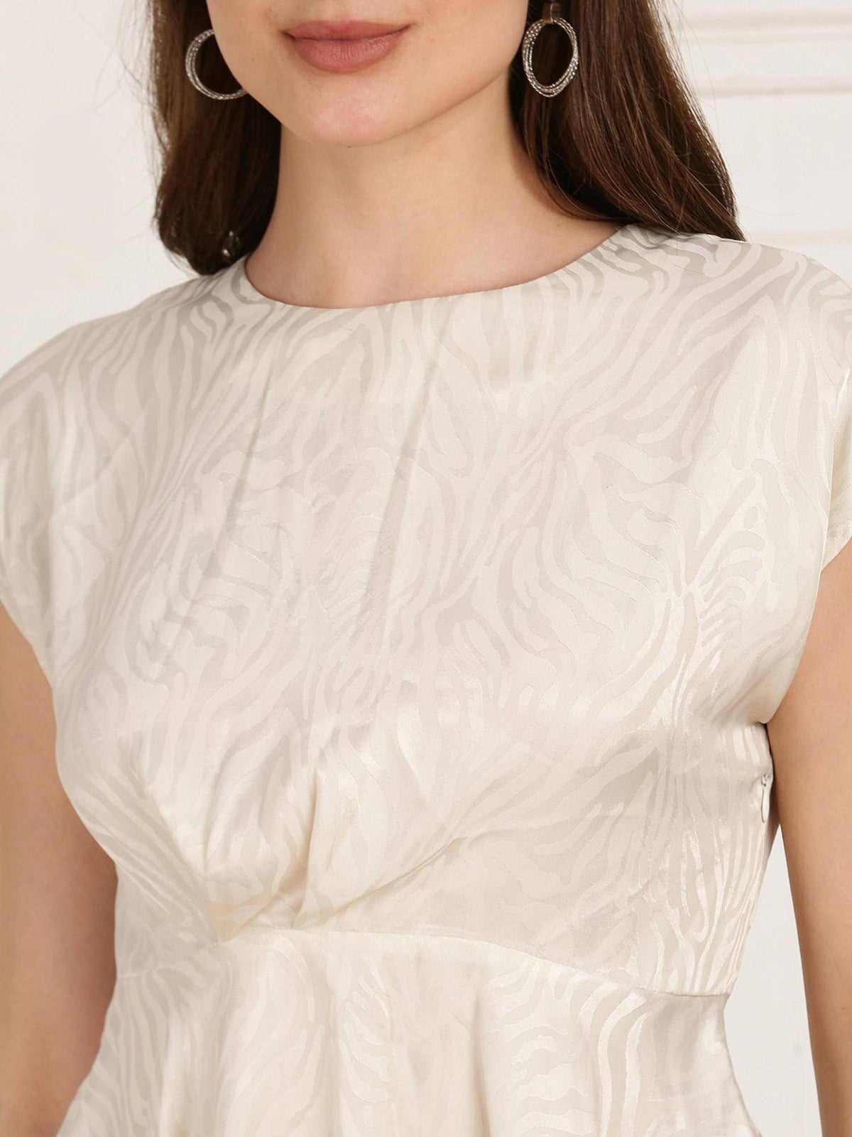 White Round Neck Extended Sleeves Self Design Animal Print Peplum Top | pt51 - view 4