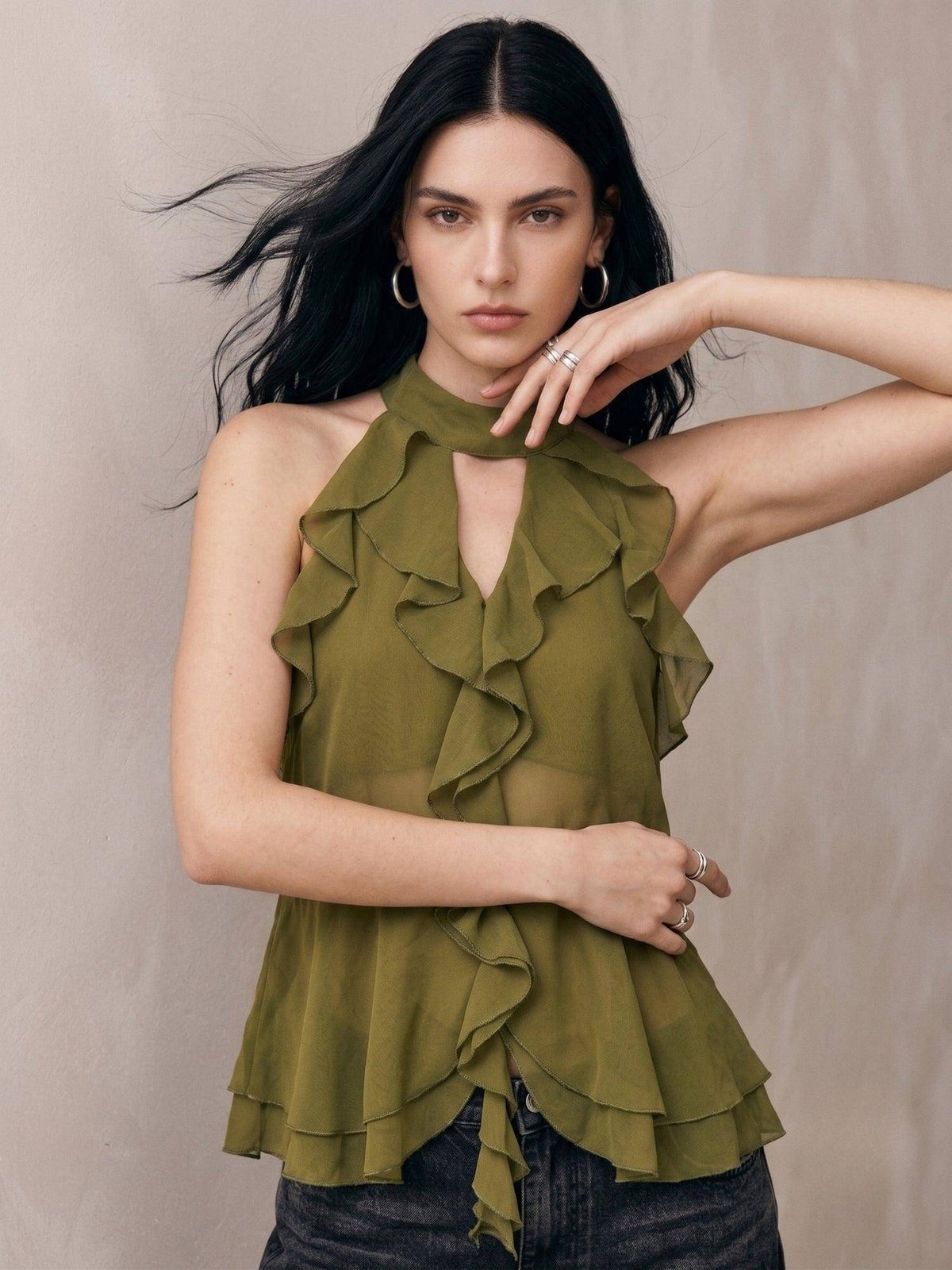 Olive Halter Neck With Ruffles Top | HT67 - view 3