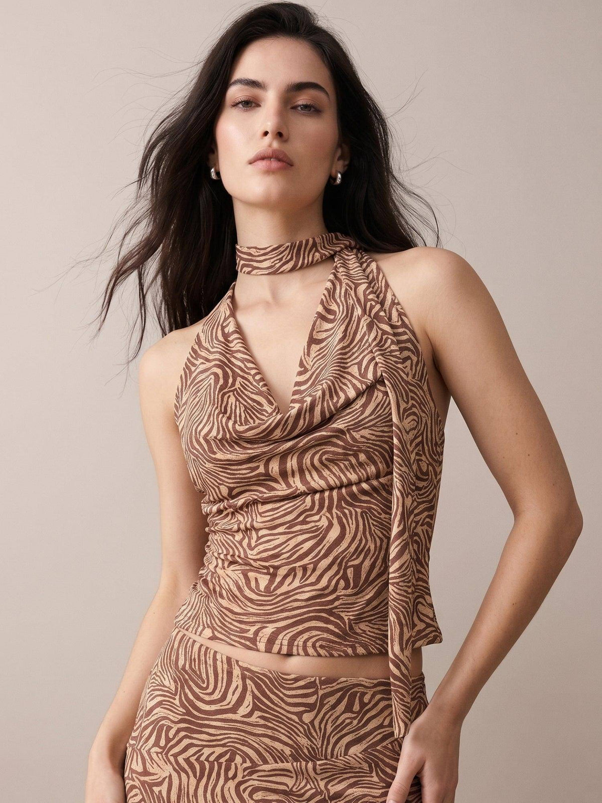 Animal Print Cowl Neck Scarf Detail Crop Top | CT61 - view 1