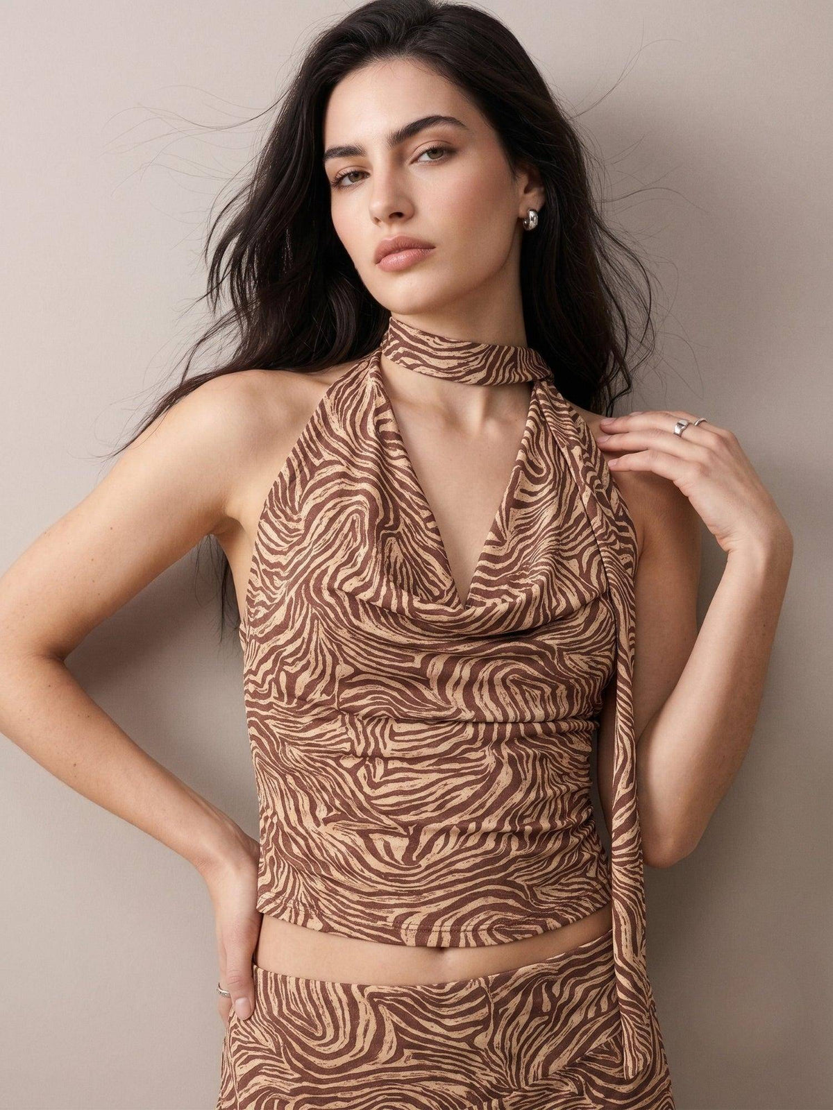 Animal Print Cowl Neck Scarf Detail Crop Top | CT61 - view 2