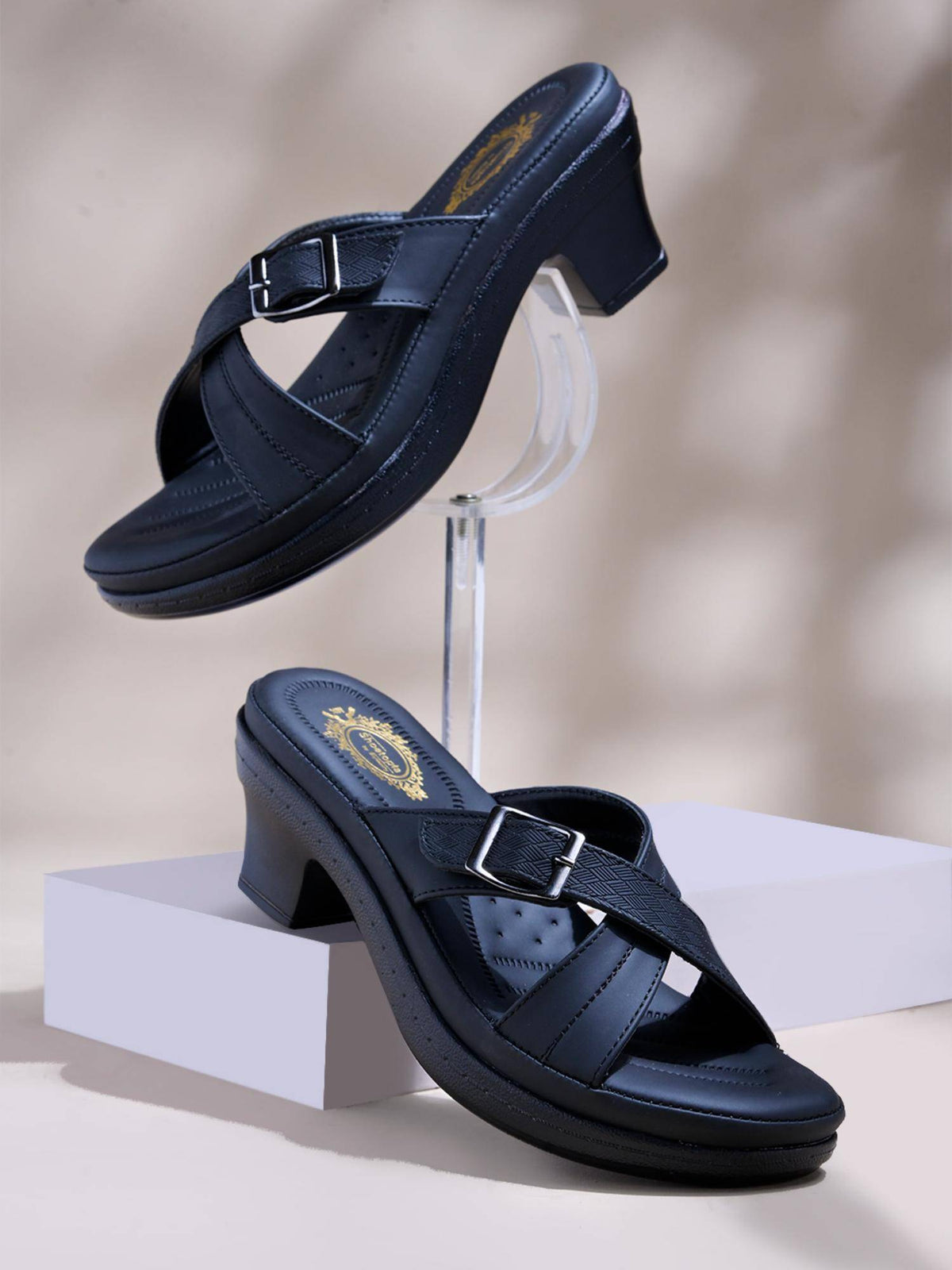 Comfortable Black Doctor Sole Block Heels Sandals for Women | H78 - view 4