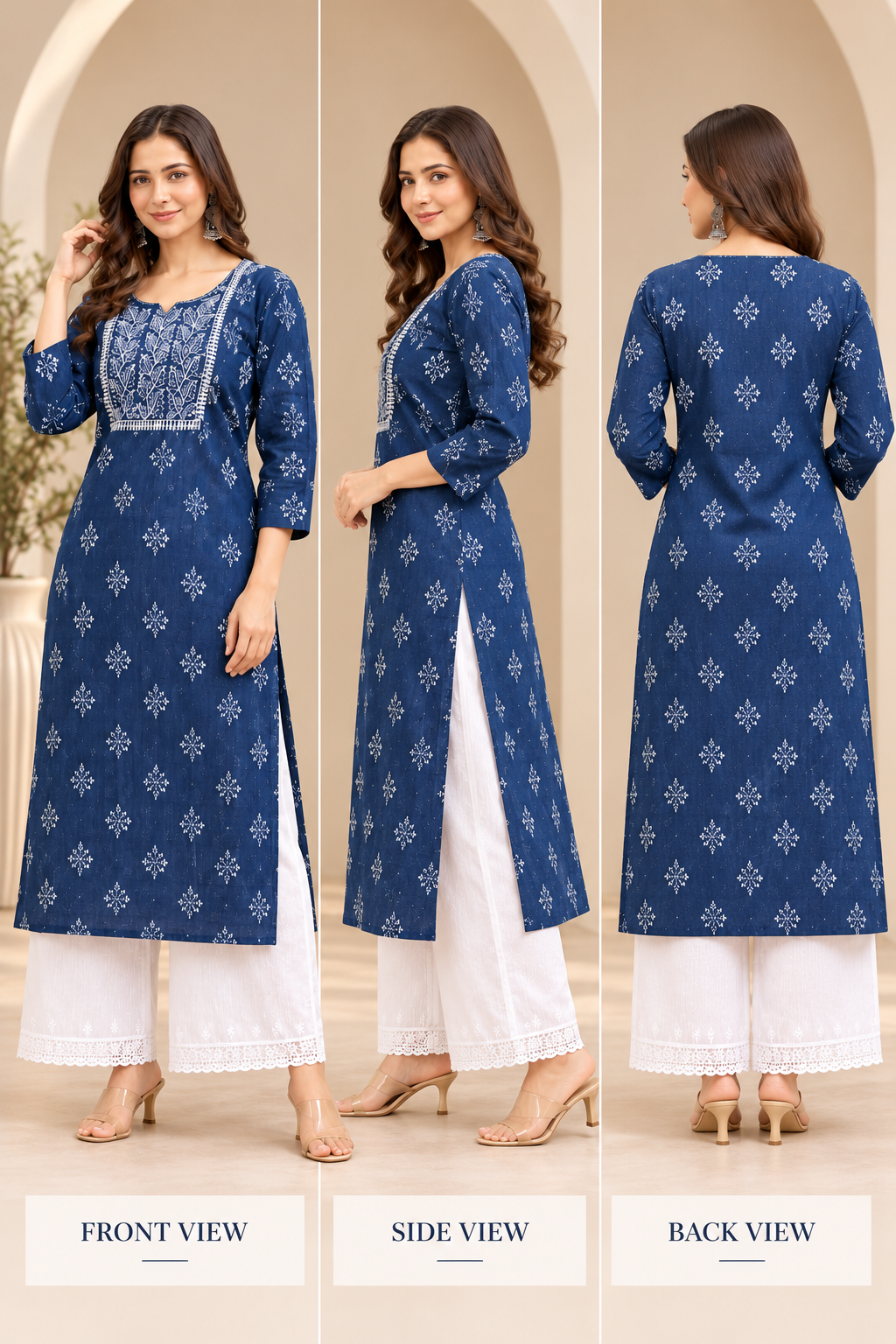 Navy Blue Printed Kurta with White Lace-Trim Palazzo