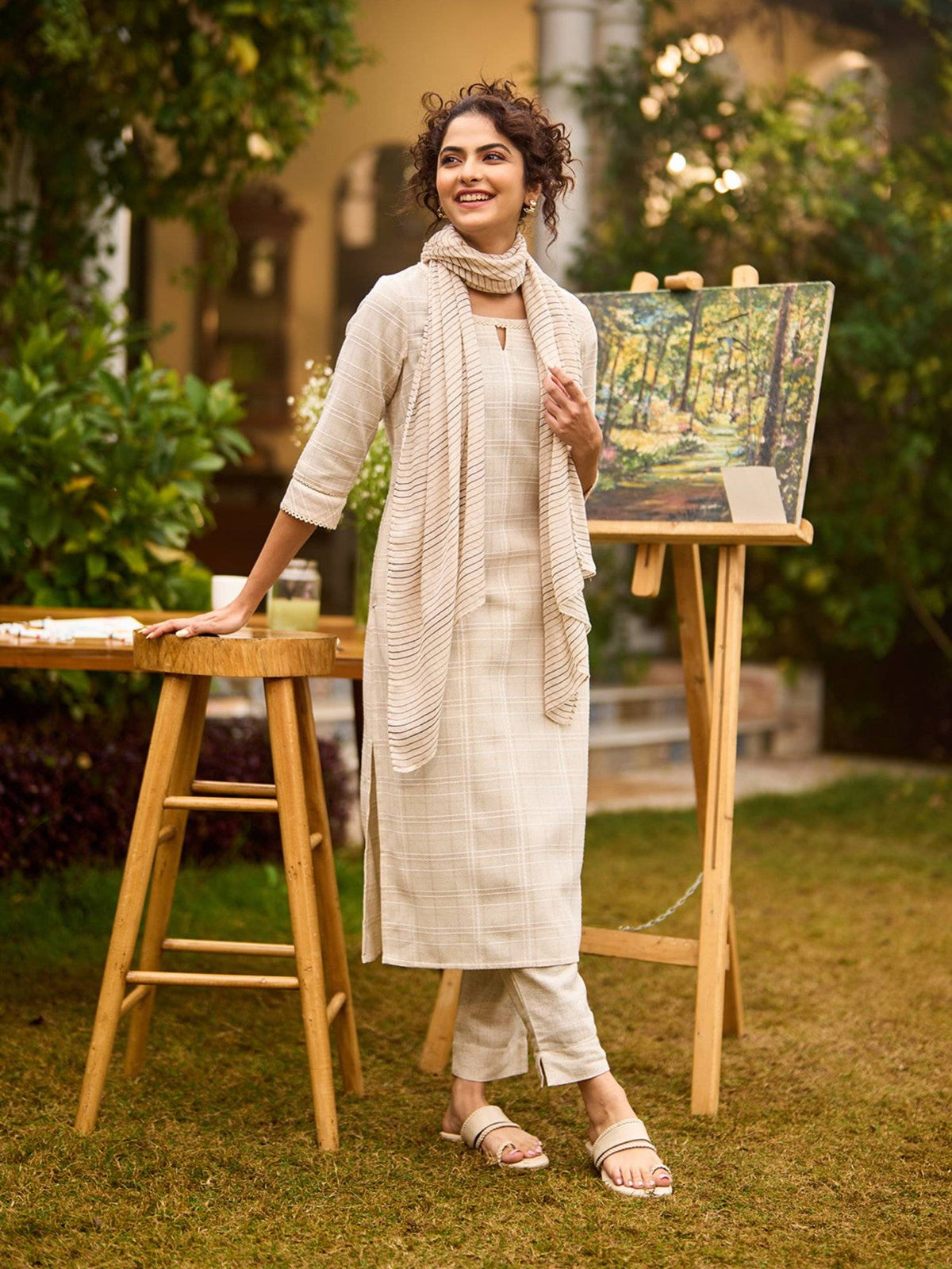 Women Beige Checks Rayon Kurta | KDG - view 2