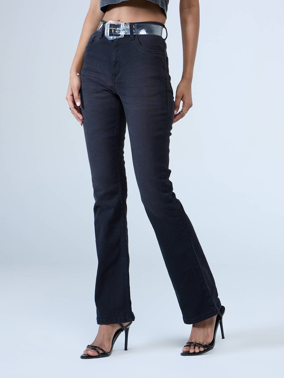 Black Washed Mid Waist Boot Cut Fit Denim Jeans | BT10 - view 3