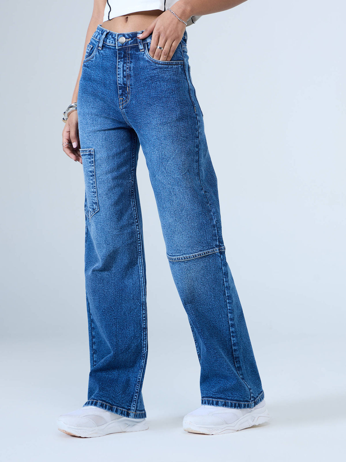 Dark Blue Washed Mid Waist Straight Denim Jeans | ST23 - view 3