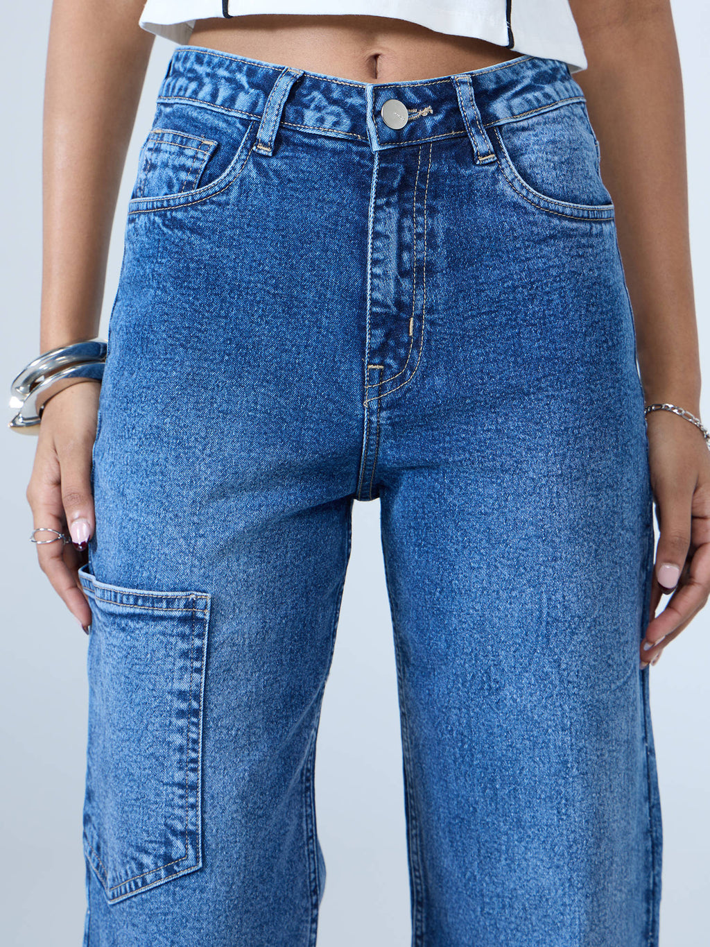 Dark Blue Washed Mid Waist Straight Denim Jeans | ST23 - view 5