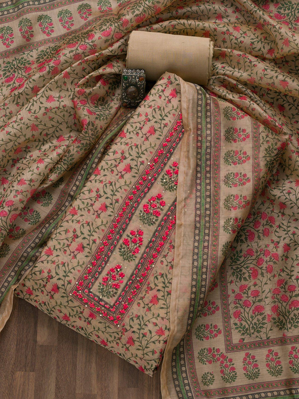 Beige Printed Semi Crepe Unstitched Salwar Suit | D56 - view 1