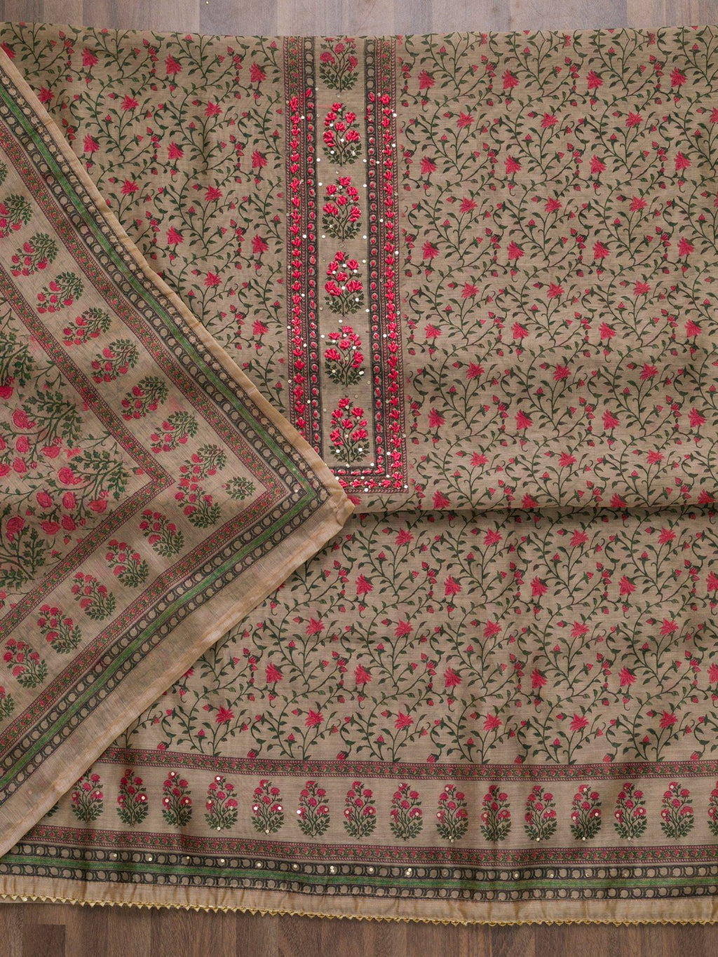 Beige Printed Semi Crepe Unstitched Salwar Suit | D56 - view 3