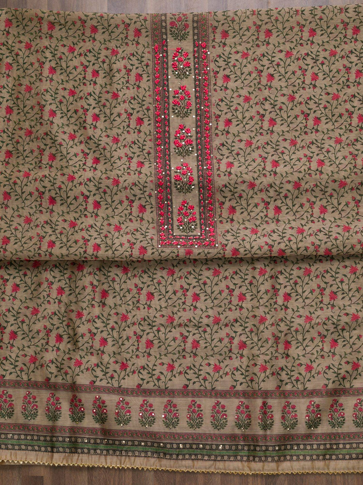 Beige Printed Semi Crepe Unstitched Salwar Suit | D56 - view 4