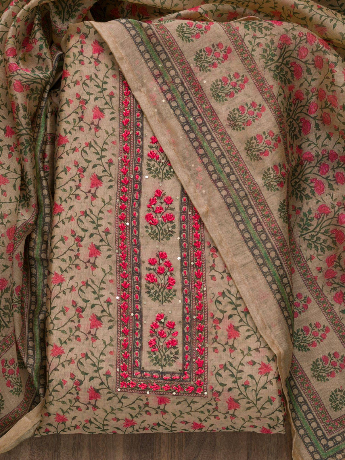 Beige Printed Semi Crepe Unstitched Salwar Suit | D56 - view 5