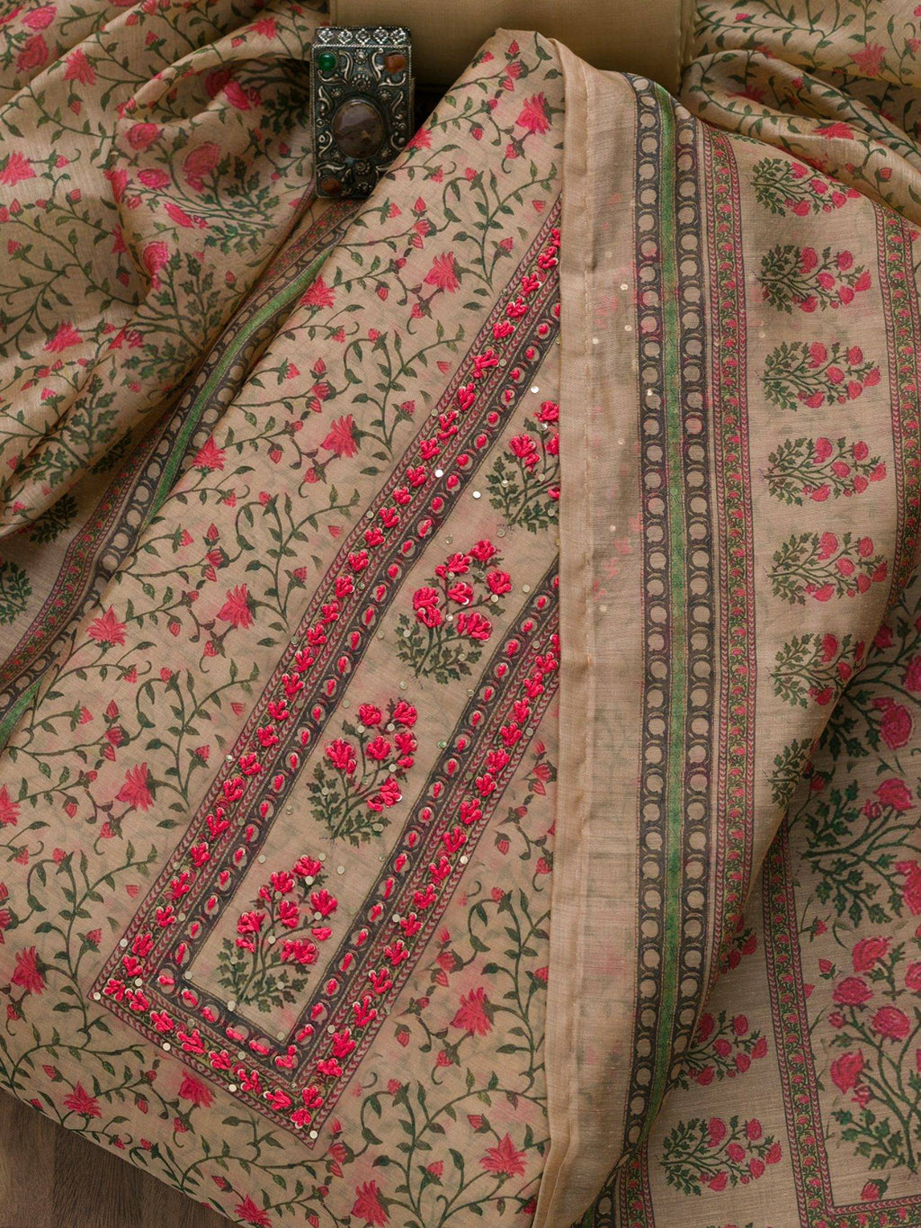 Beige Printed Semi Crepe Unstitched Salwar Suit | D56 - view 6