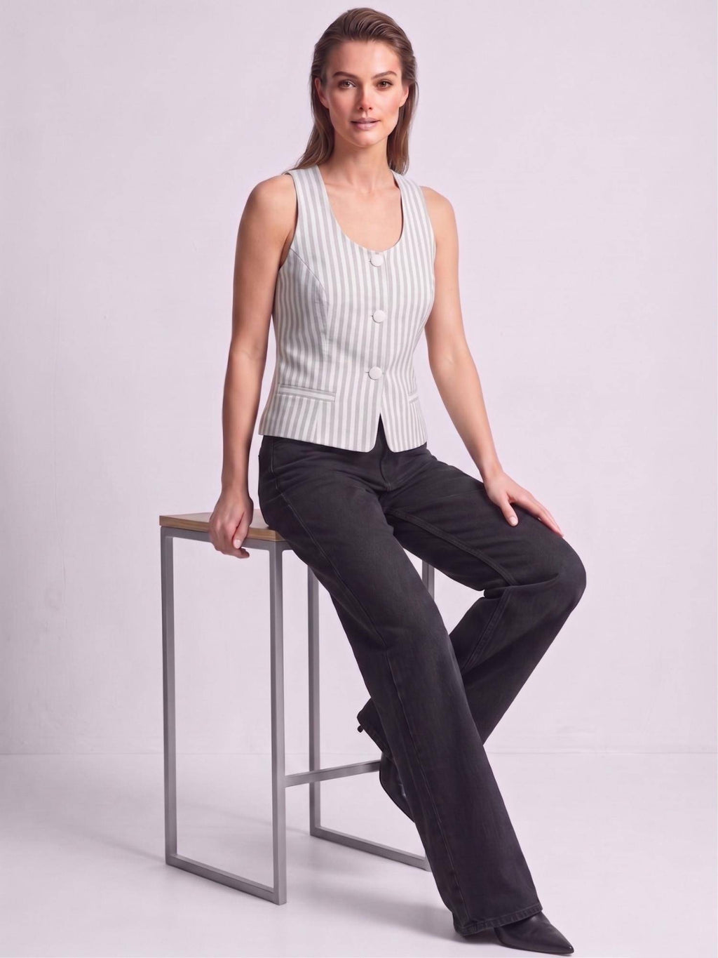 Womens Grey Stripes Sleeveless Crop Top | CT61 - view 4
