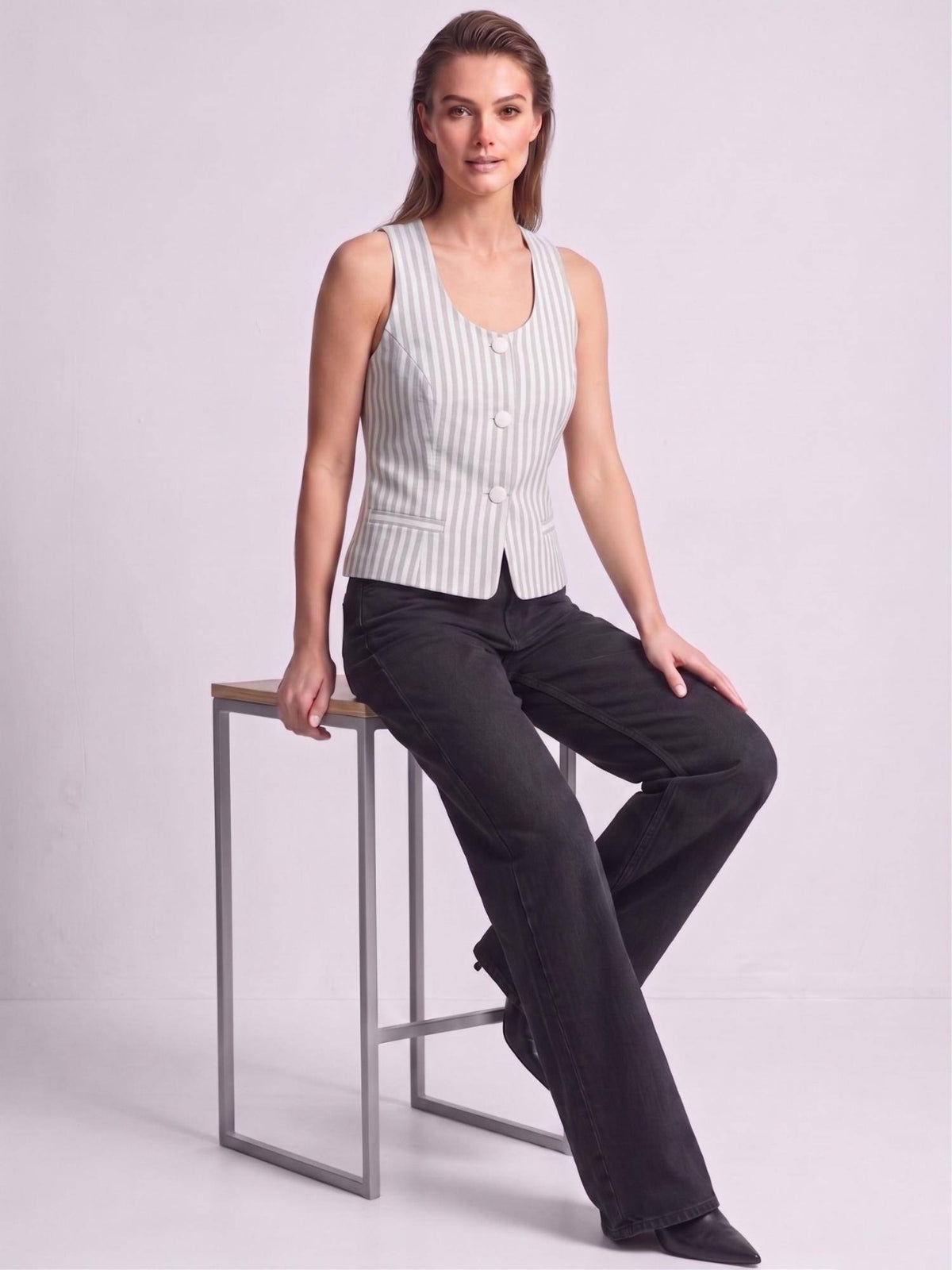 Womens Grey Stripes Sleeveless Crop Top | CT61 - view 4