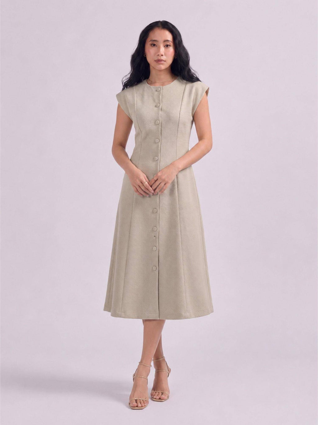 Womens Beige Cap Sleeve Button Down A Line Midi Dress | D56 - view 1