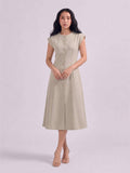 Womens Beige Cap Sleeve Button Down A Line Midi Dress | D56 - view 1