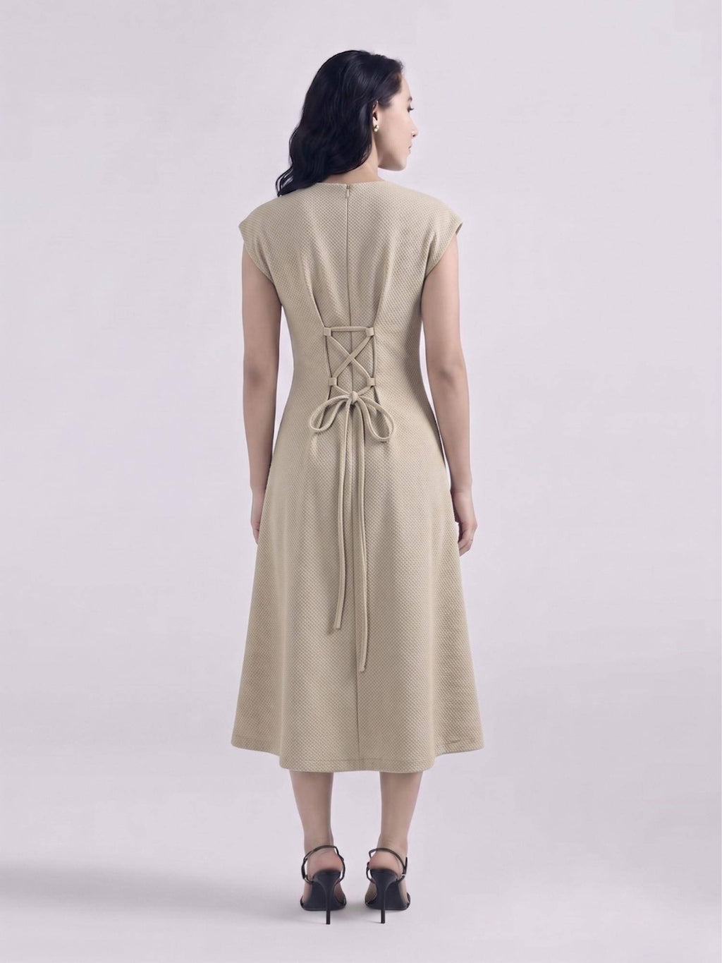 Womens Beige Cap Sleeve Button Down A Line Midi Dress | D56 - view 2