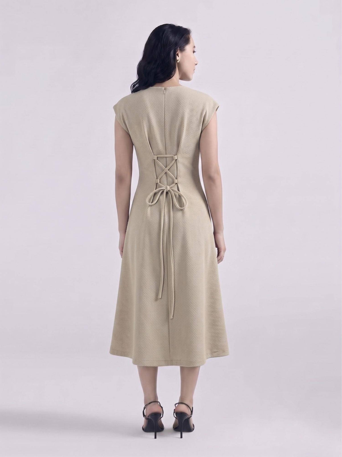 Womens Beige Cap Sleeve Button Down A Line Midi Dress | D56 - view 2