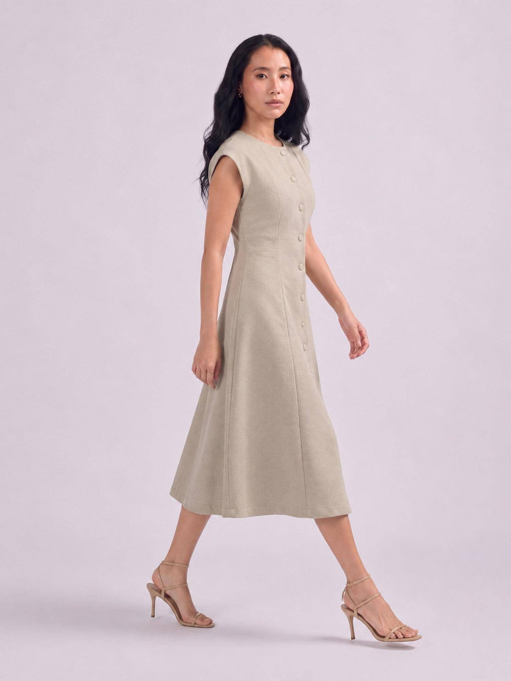 Womens Beige Cap Sleeve Button Down A Line Midi Dress | D56 - view 3