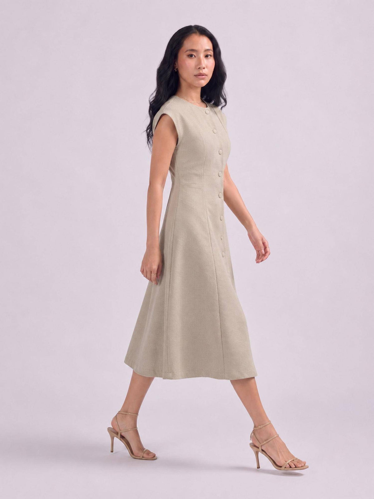 Womens Beige Cap Sleeve Button Down A Line Midi Dress | D56 - view 3