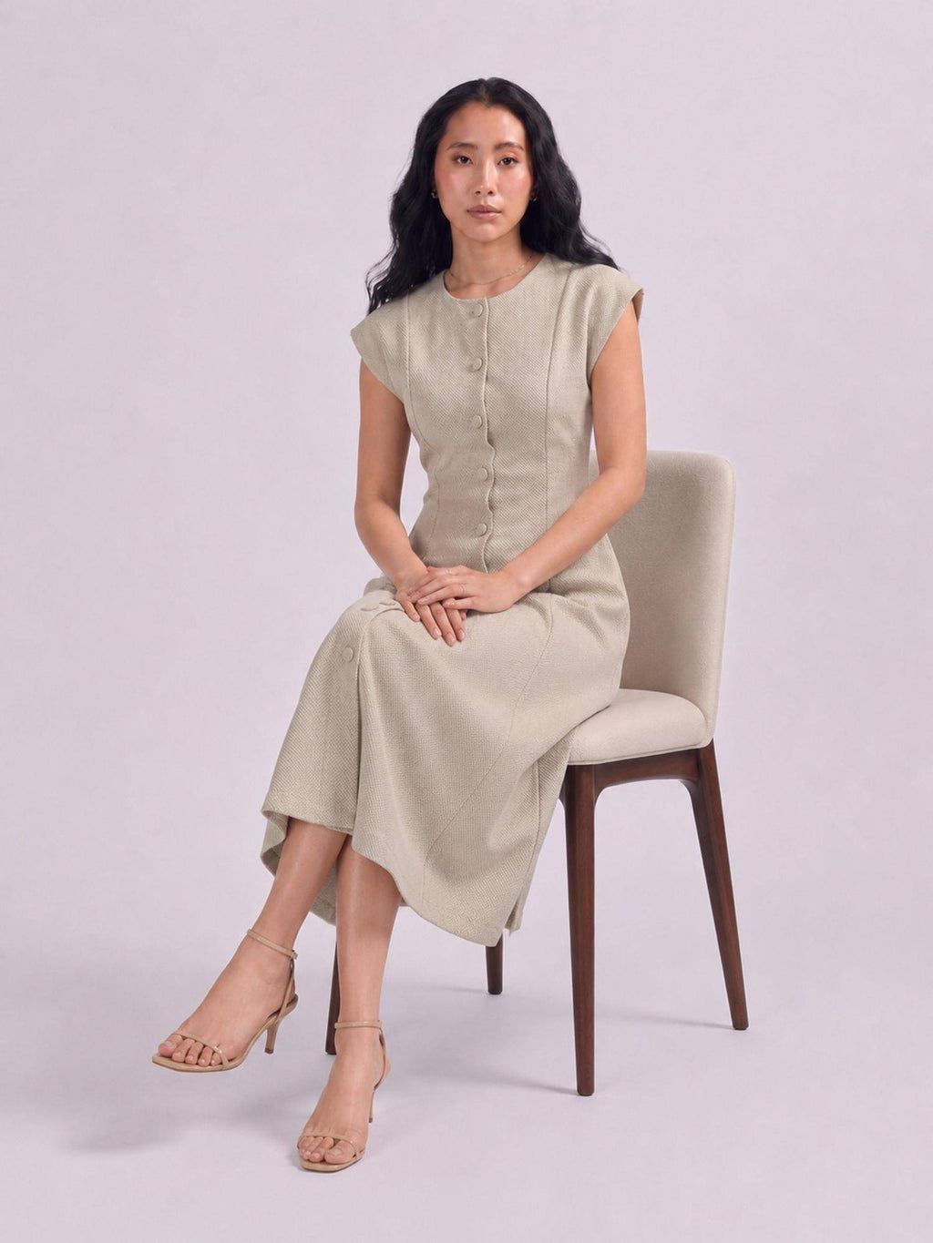 Womens Beige Cap Sleeve Button Down A Line Midi Dress | D56 - view 4