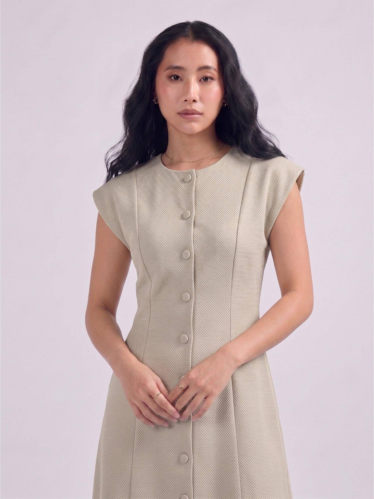 Womens Beige Cap Sleeve Button Down A Line Midi Dress | D56 - view 5