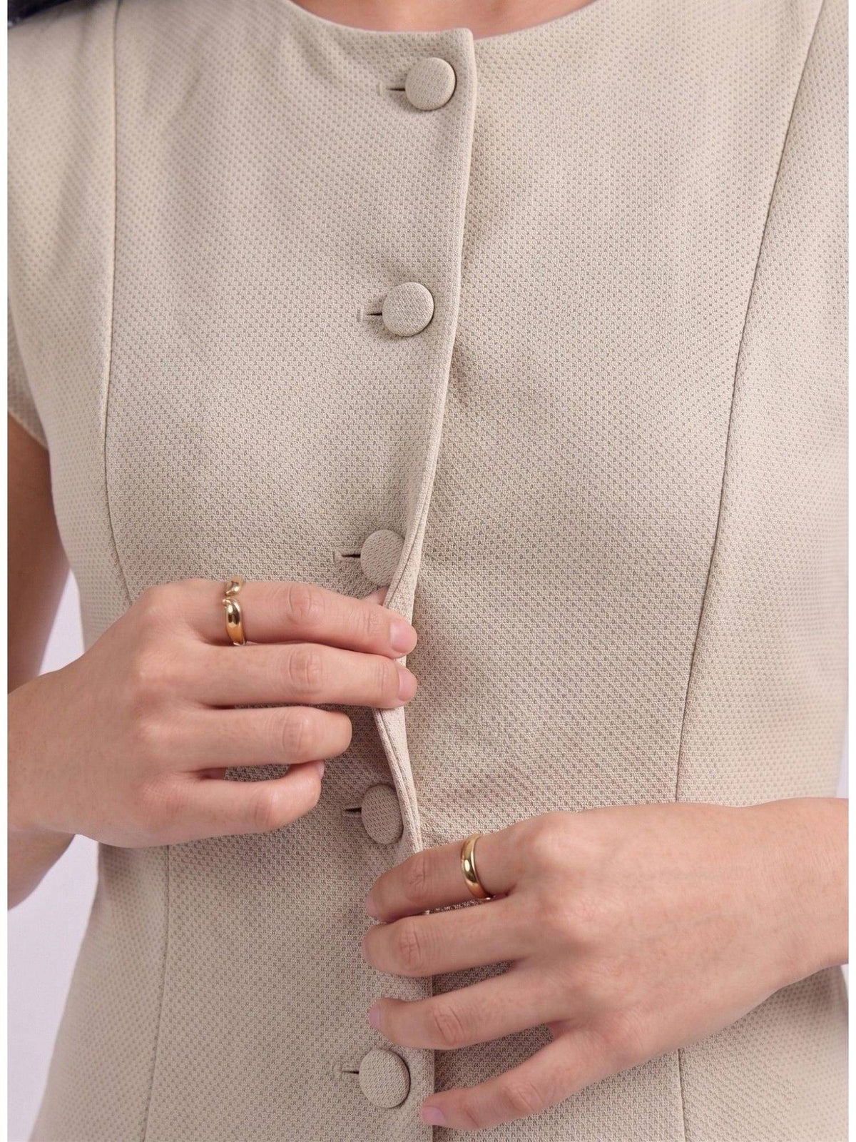 Womens Beige Cap Sleeve Button Down A Line Midi Dress | D56 - view 6