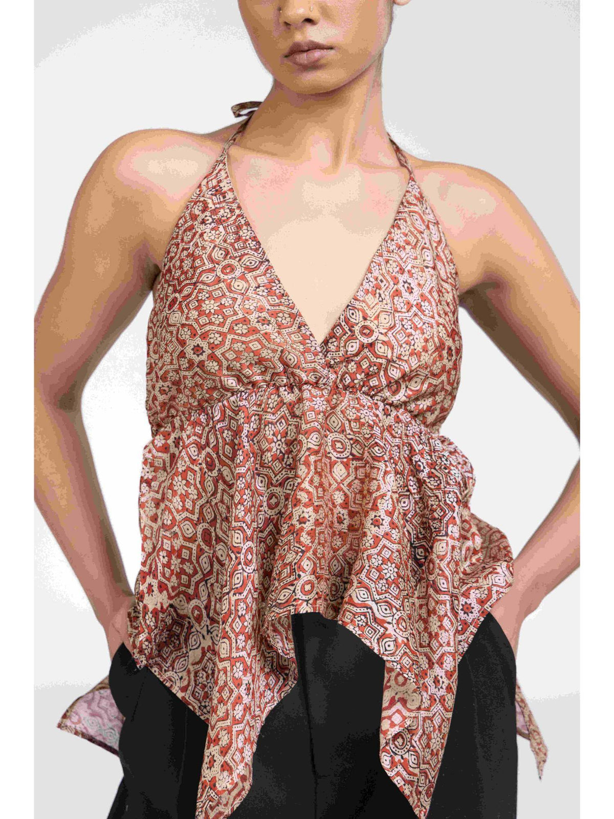 Red Cotton Halter Neck Printed 1 Top | HT67 - view 3