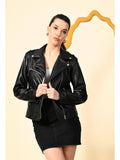 Black Solid Lightweight Leather Biker Jacket for Women | JC78 - view 1