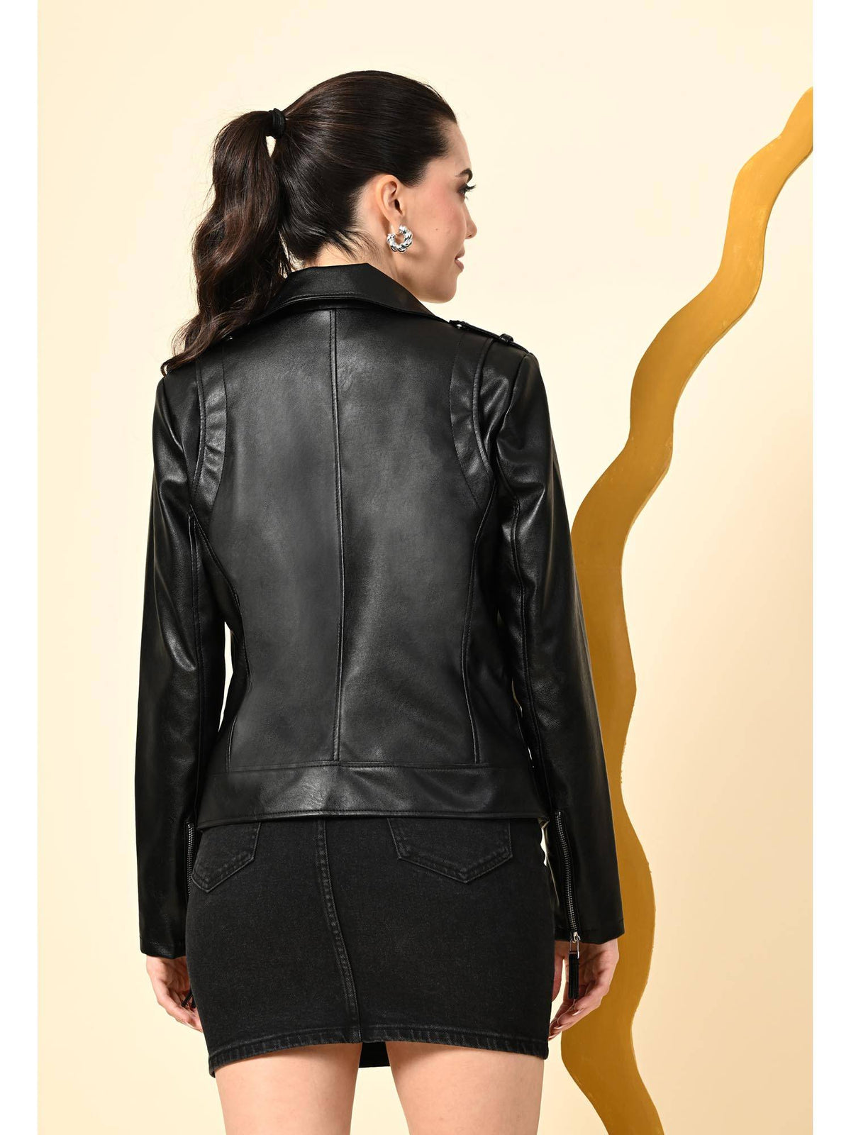 Black Solid Lightweight Leather Biker Jacket for Women | JC78 - view 2