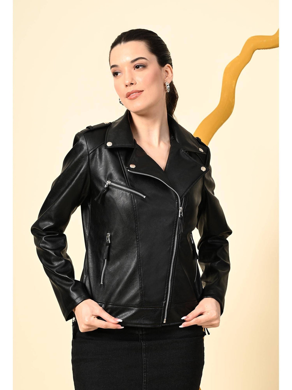 Black Solid Lightweight Leather Biker Jacket for Women | JC78 - view 5