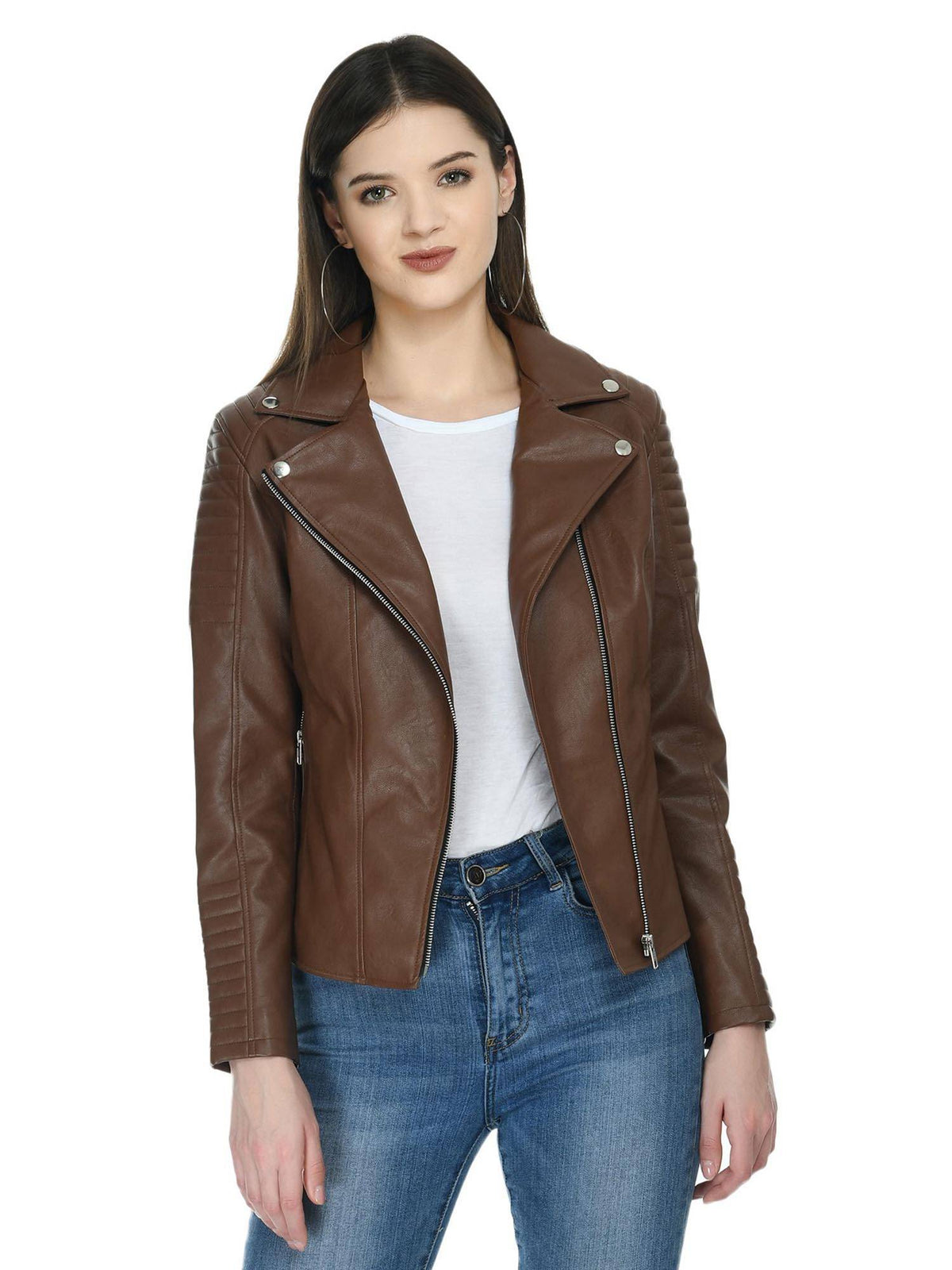 Tan Solid Leather Biker Jacket for Women | JC78 - view 1