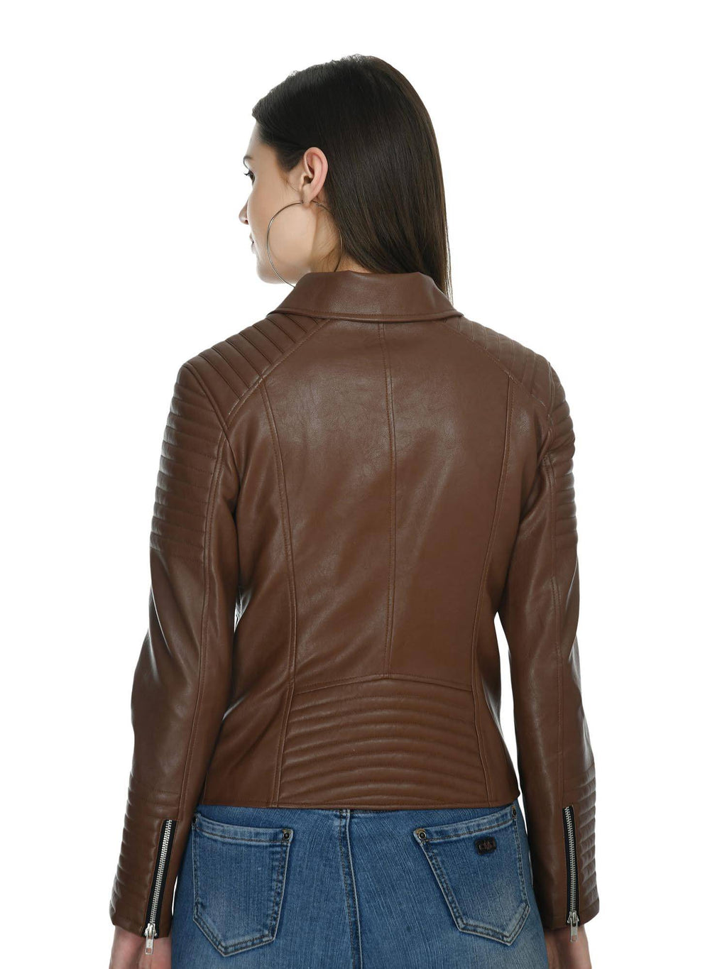 Tan Solid Leather Biker Jacket for Women | JC78 - view 2