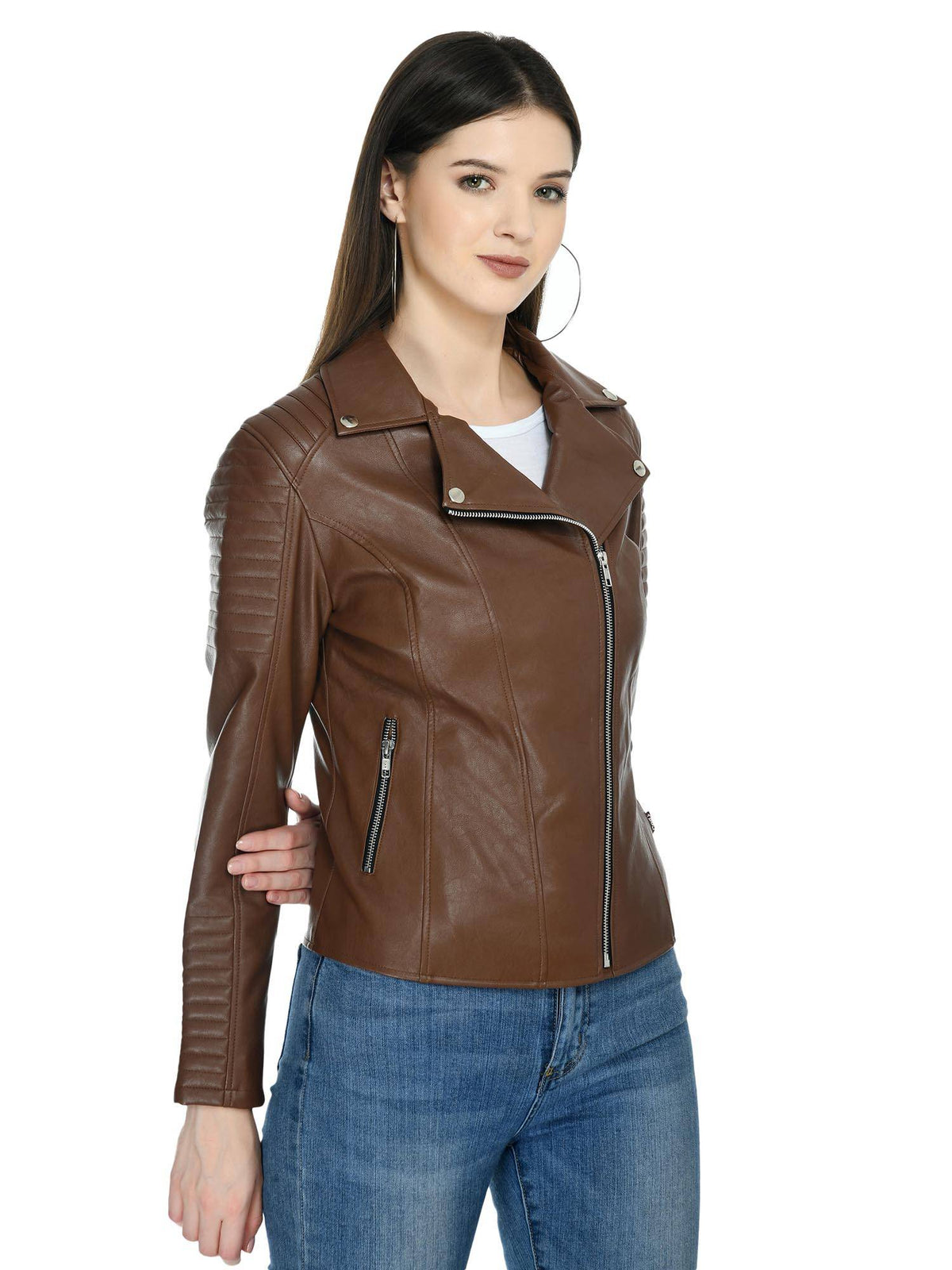 Tan Solid Leather Biker Jacket for Women | JC78 - view 3