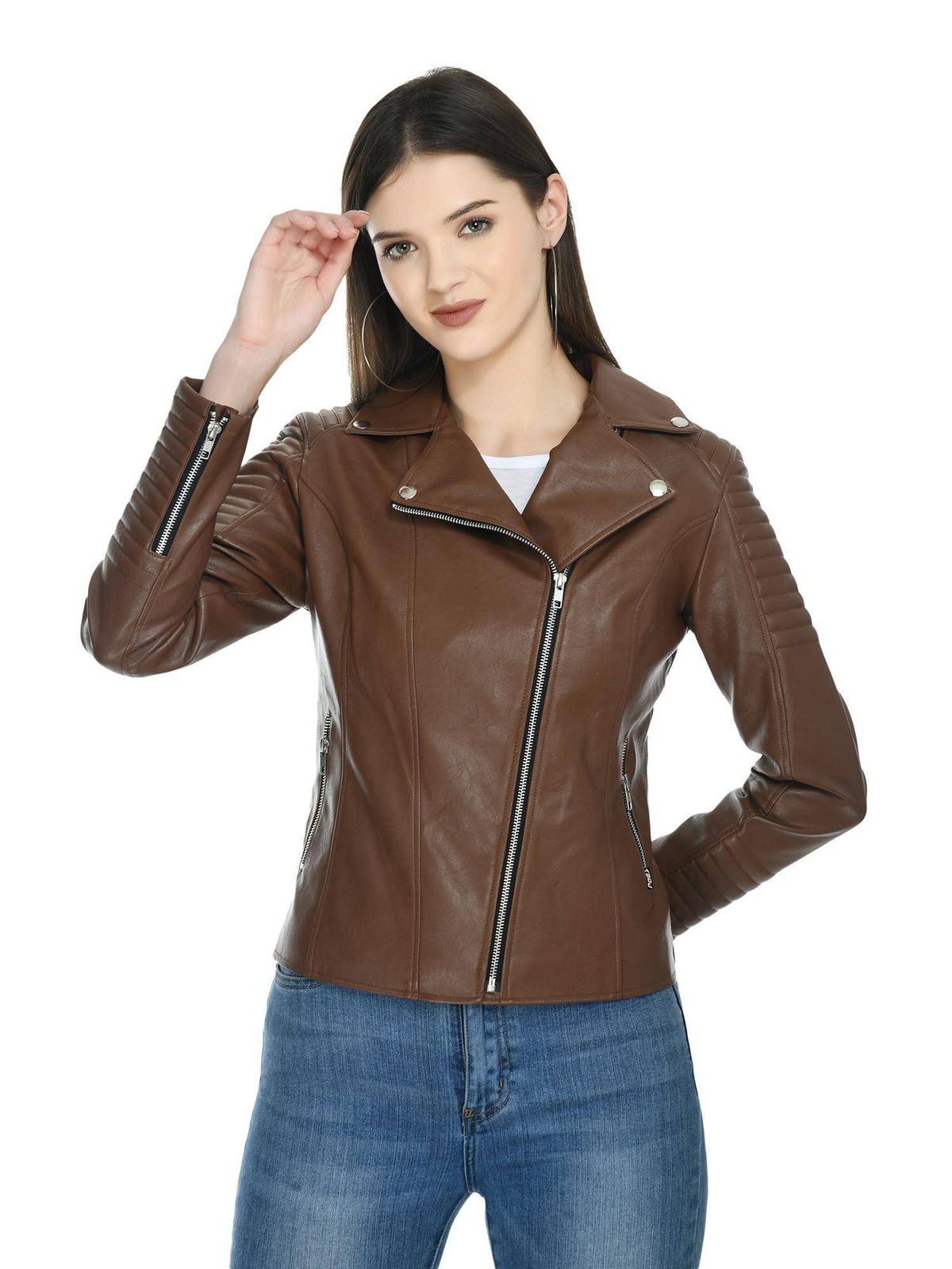 Tan Solid Leather Biker Jacket for Women | JC78 - view 4