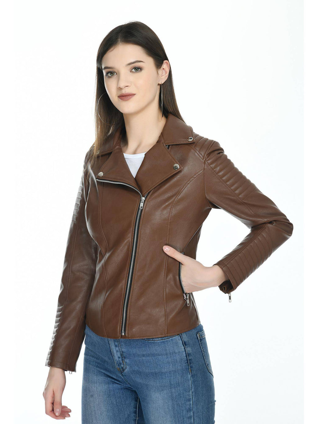 Tan Solid Leather Biker Jacket for Women | JC78 - view 5