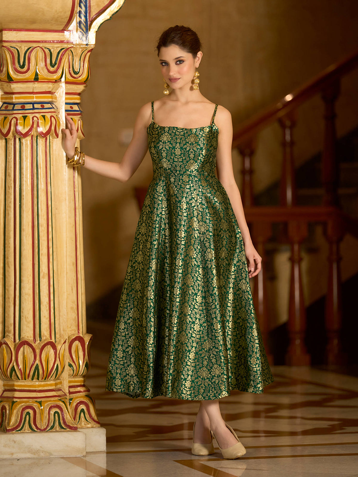 Green Women Fit and Flare Sleeveless Midi Length Shoulder Strap Dress | D56 - view 1