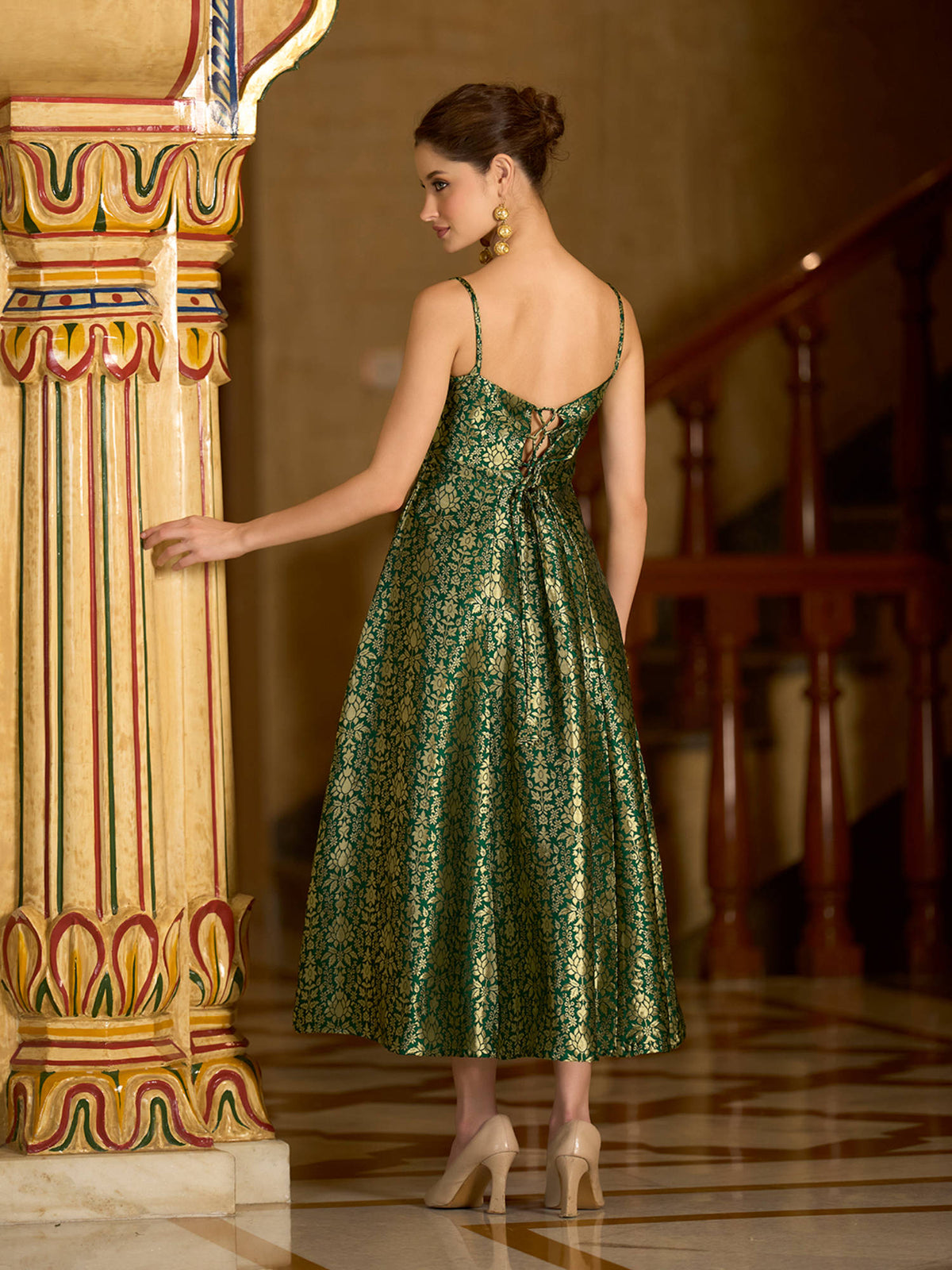 Green Women Fit and Flare Sleeveless Midi Length Shoulder Strap Dress | D56 - view 2