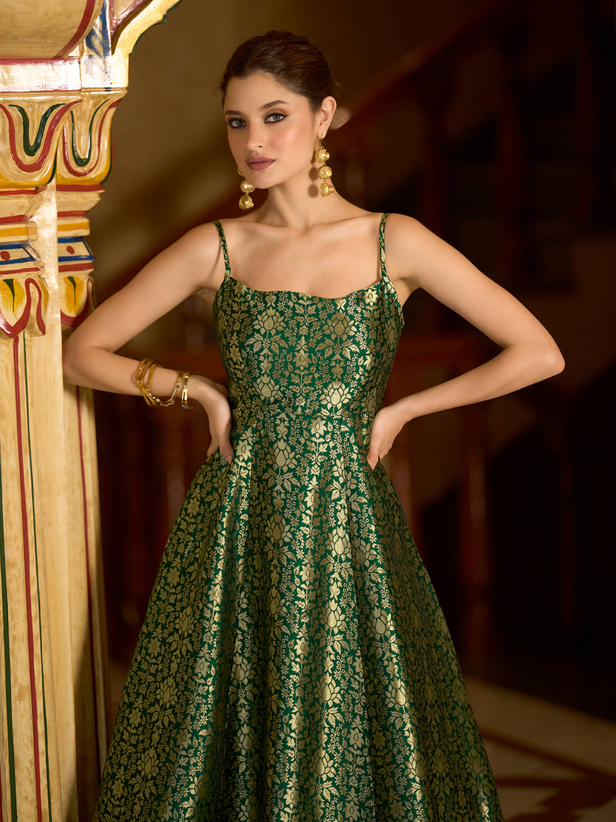 Green Women Fit and Flare Sleeveless Midi Length Shoulder Strap Dress | D56 - view 4