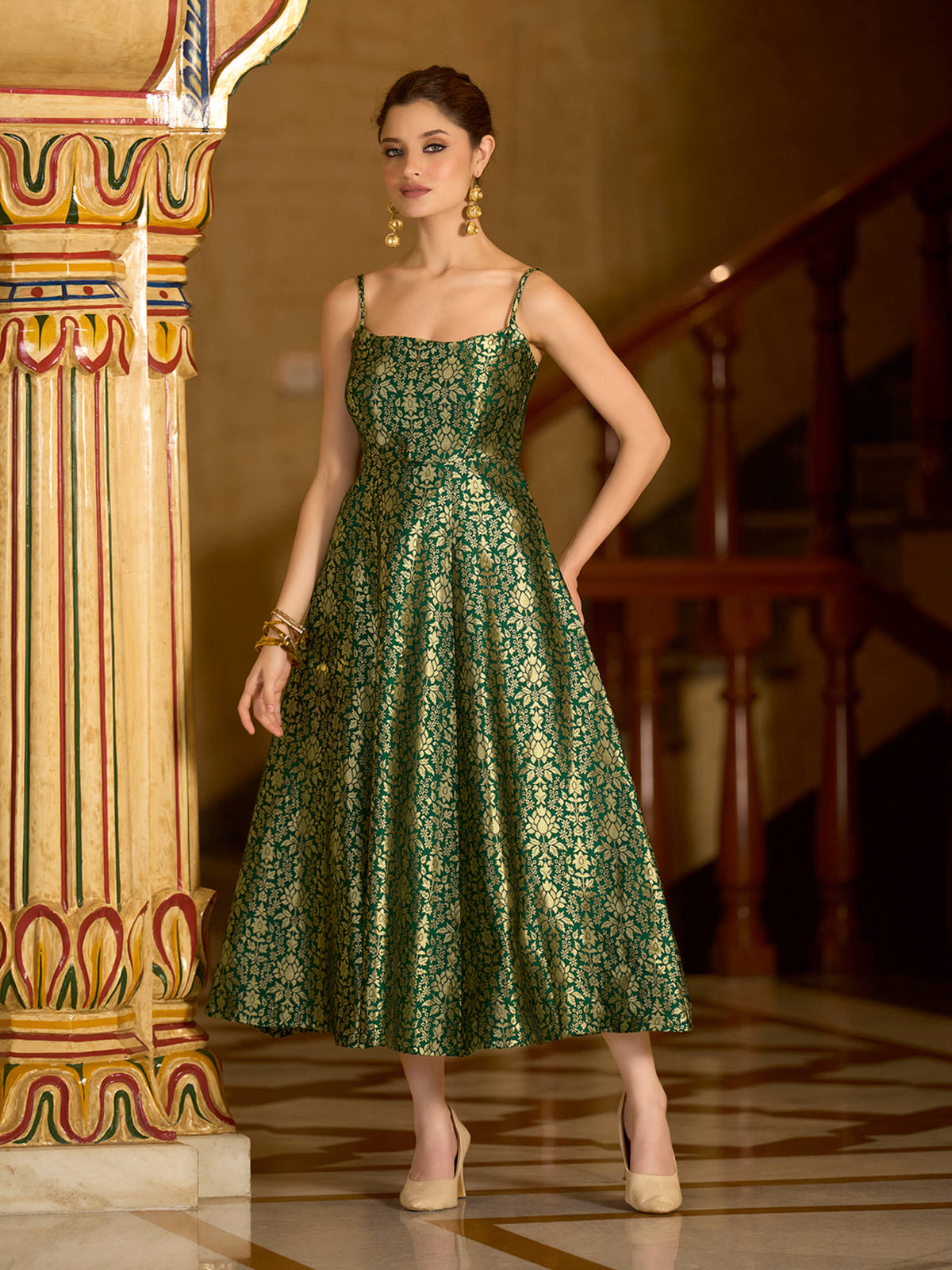 Green Women Fit and Flare Sleeveless Midi Length Shoulder Strap Dress | D56 - view 5