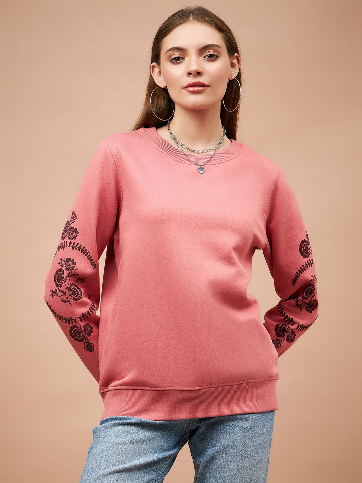Women Round Neck Full Sleeves Polyester Fabric Pink Sweatshirt | SS90 - view 1