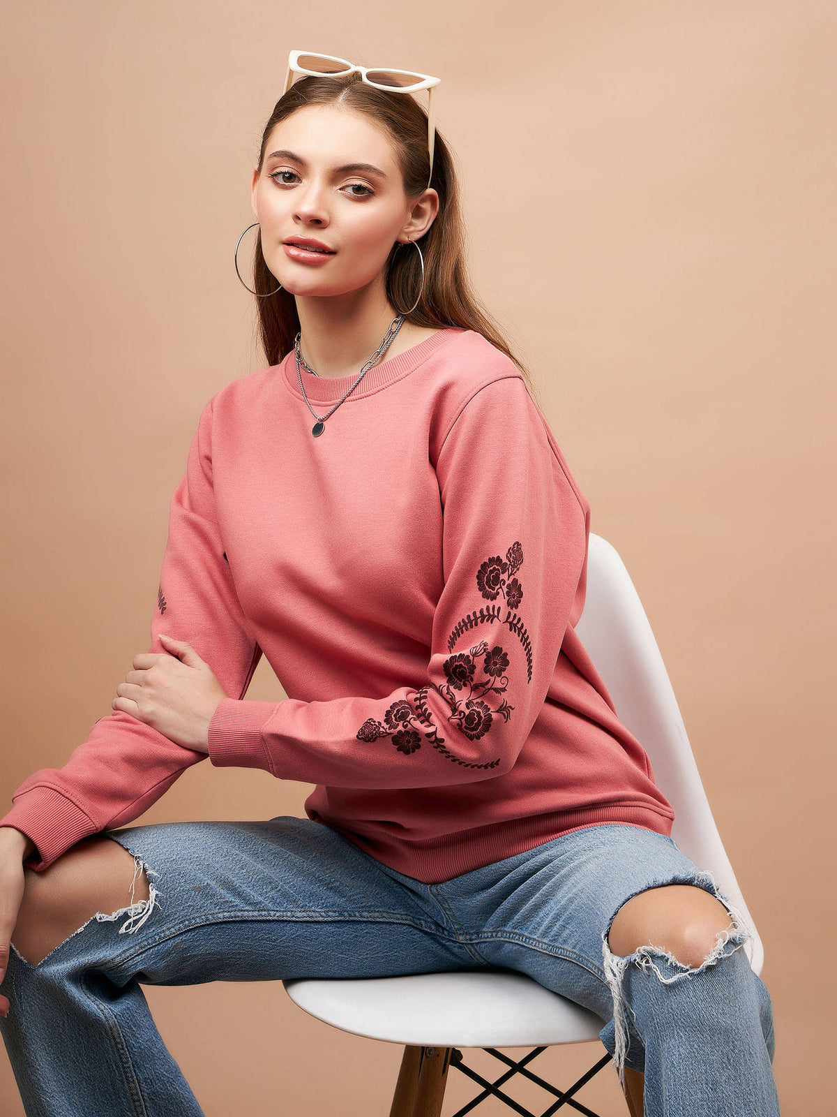 Women Round Neck Full Sleeves Polyester Fabric Pink Sweatshirt | SS90 - view 2