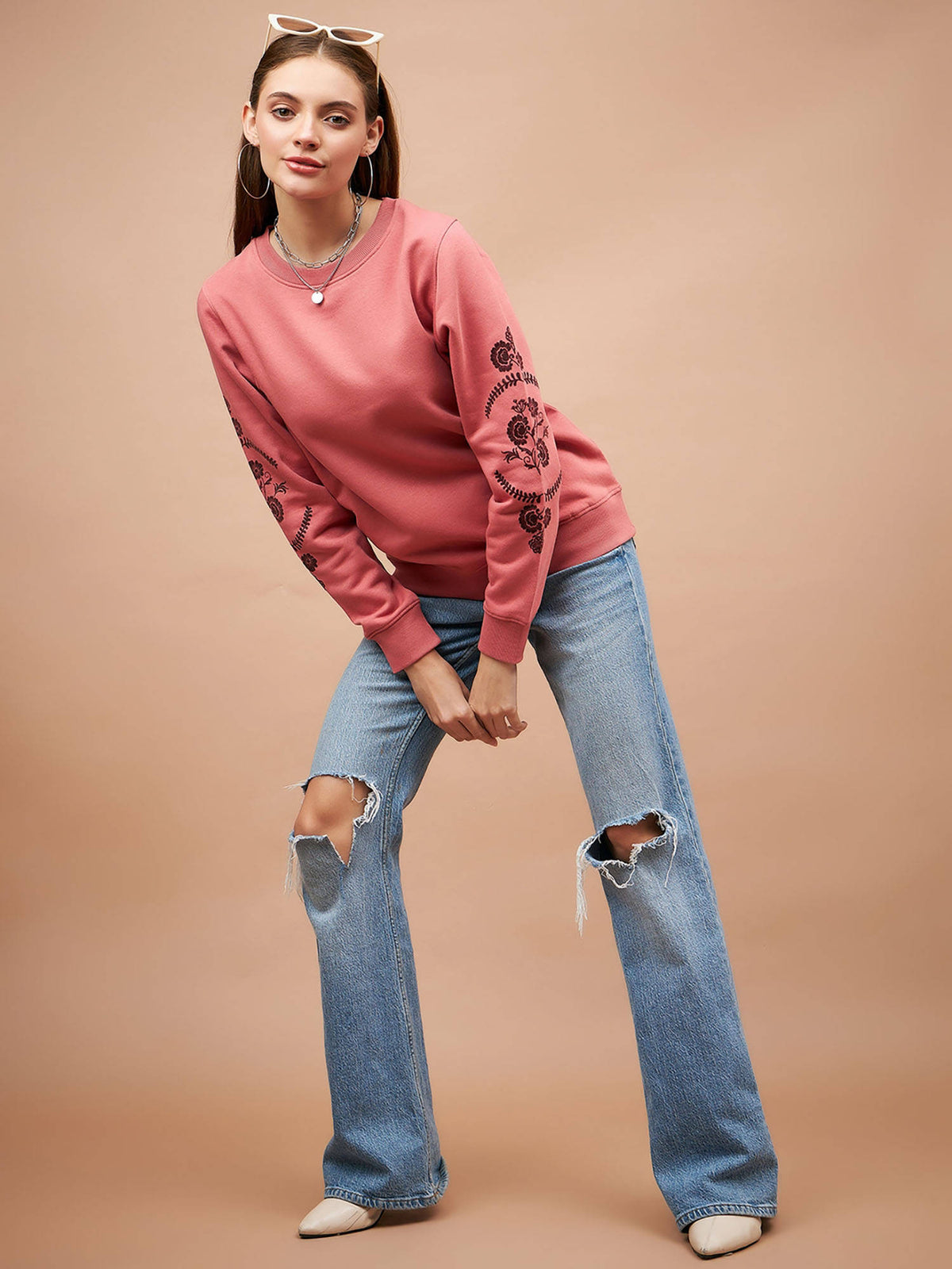 Women Round Neck Full Sleeves Polyester Fabric Pink Sweatshirt | SS90 - view 3