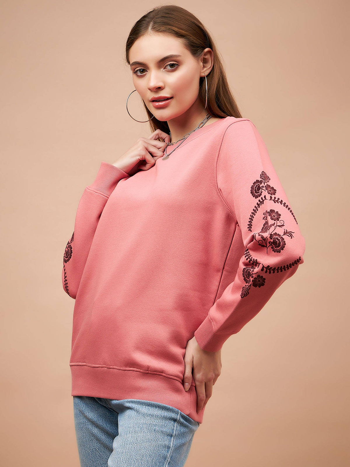 Women Round Neck Full Sleeves Polyester Fabric Pink Sweatshirt | SS90 - view 4