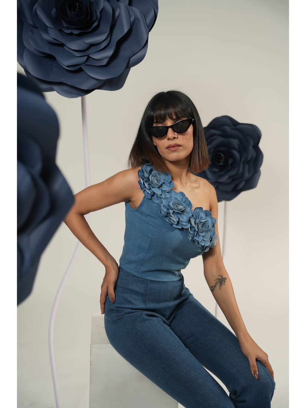 Blue Bloom One-Shoulder Denim Crop Top | CT61 - view 2