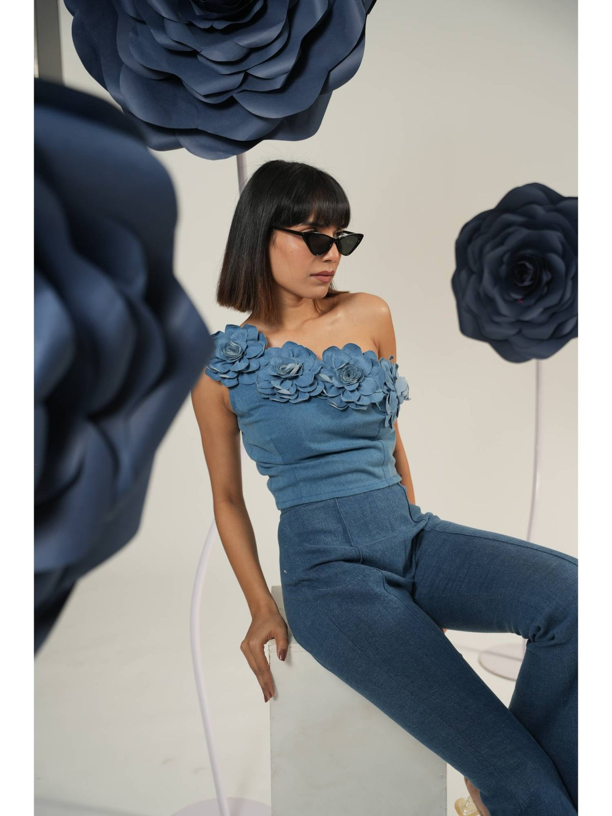 Blue Bloom One-Shoulder Denim Crop Top | CT61 - view 3