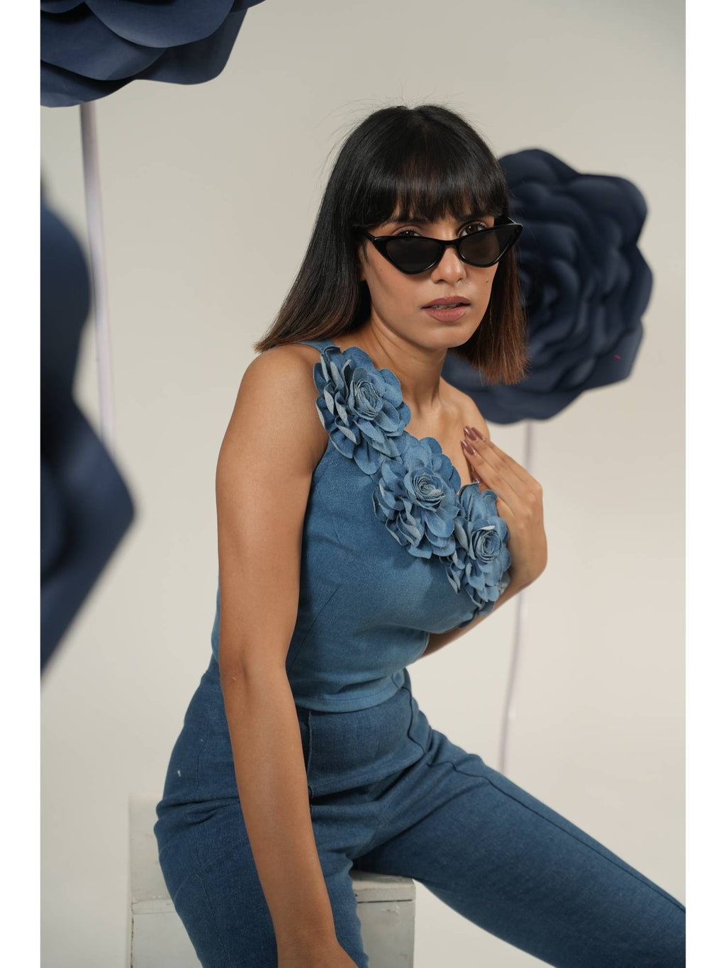 Blue Bloom One-Shoulder Denim Crop Top | CT61 - view 4